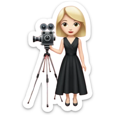 an actress standing on a red carpet with a formal dress, with only one movie camera on a tripod next to her. sticker