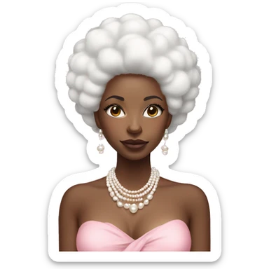 Black woman with white afro hair (with pearl hair accessories) and white coloured eyes. Wearing pearl necklaces and earrings with a pink flowy dress adorned in pearls sticker
