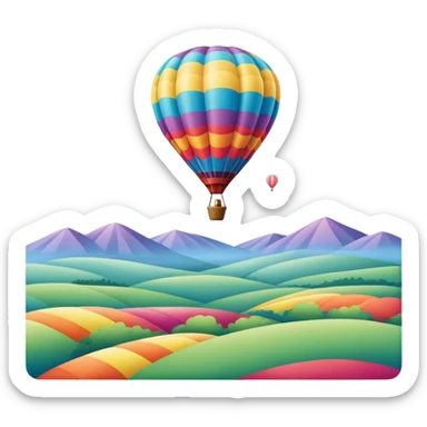 a clear sky and distant hills in the background with A colorful hot air balloon floating gracefully above the ground. The balloon's vibrant colors stand out against the soft clouds, capturing the peaceful yet adventurous spirit of hot air ballooning. sticker
