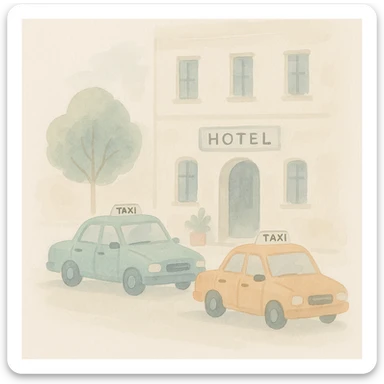 soft watercolor illustration in a minimalist modern style, scene showing taxis in front of a hotel, pastel colors, delicate linework, gentle whimsical mood, minimal soft shading sticker