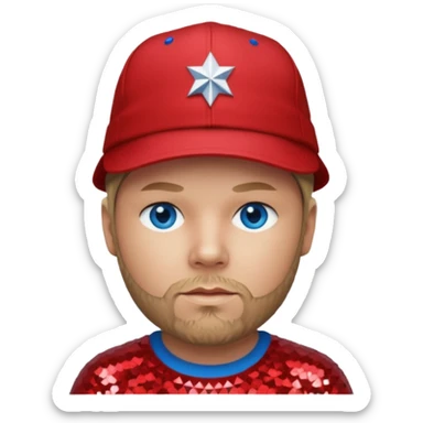 Fred Durst with dark blonde hair, red sequin shirt and hat, blue eye sticker