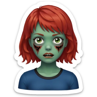 Zombie girl emoji with short red hair and bangs. Blue eyes, green skin, and a black top Her hair is slightly wavy sticker