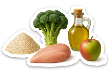 Riso basmati
Petto di pollo
Verdura fibrosa verde
Olio EVO
Mela
vista frontale, iperrealistico 4k sticker