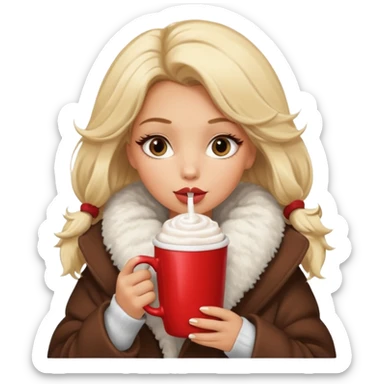 Tanned Girl with lashes , blonde hair, in an extremely big fluffy oversized coat and hold hot chocolate drink and vertically short eyes , big lip sticker