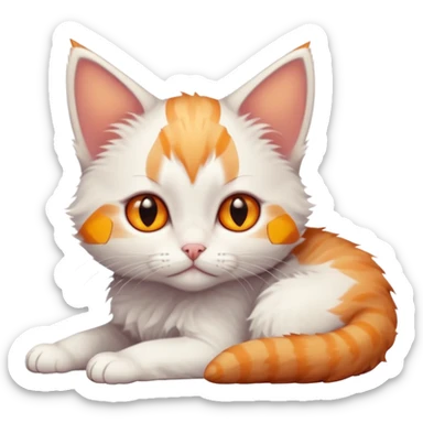 full body of very small + skinny ginger and white kitten with deep orange eyes and triangular shaped face lying down sticker