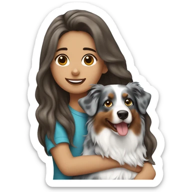 Girl with long brown hair holding blue merle Australian shepherd sticker