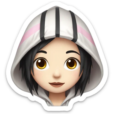 Japanese boy, with cute black hair and with a bone hairclip wearing a white hoodie with pink stripes sticker