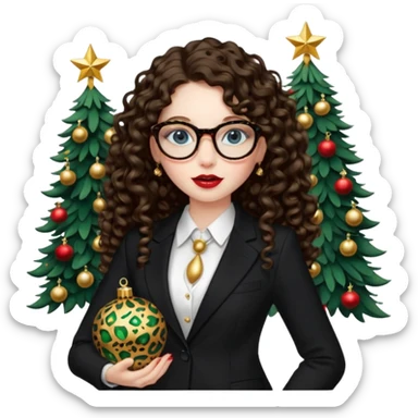 A girl with white pale skin, blue eyes, full lips, brunette long curly hair. She has a leopard print round-ish shaped glasses. She is wearing a all black suit. And she has red lipstick. She is putting gold ornaments happily to a christmas tree. sticker