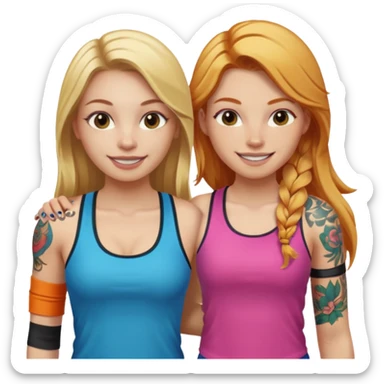girl with long blonde hair and tattoos next to an athletic ginger girl colorful clothes sticker