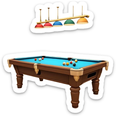 A well-arranged pool table with colorful billiard balls neatly placed, and a cue stick poised to take a shot. The setting is a dimly lit room with a focused atmosphere, highlighting the precision and strategy involved in the game of billiards. sticker