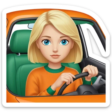 Cinematic realistic blonde with blue eyes, dressed in a green sweater, driving an orange car sticker