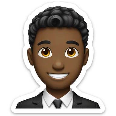 smiling boy wearing black suit with tapper fade haircut pointing finter to right side sticker