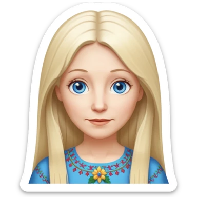 50 yr old white woman, hippie parted very long hair, short bangs, very long straight blond hair, oval face, small smile, blue eyes, thin face, hair downback, hair parted at center of head, round cheeks, pale, longer hair, white christmas dress sticker