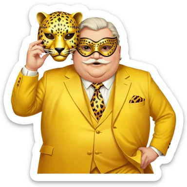 a fat old man, with a yellow suit,  wear half-face golden Leopard masquerade mask sticker