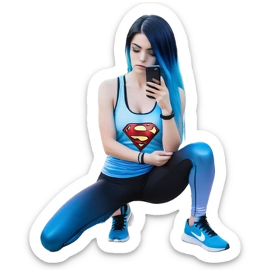 Shameful and disappointed-Female-very very very very large chest-texting on a samsung cell phone-very long straight flowing black to sky blue hair ombre-blue eyes-black eyeliner-long eyelashes-iridescent sky blue very low cut tank top with sparkling superman logo-black leggings-nike hightop sneakers sticker