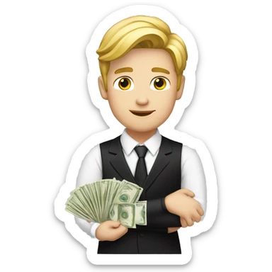 a young  white and with blonde male with money in his hands. He is dressed with a black suit and a white shirt sticker
