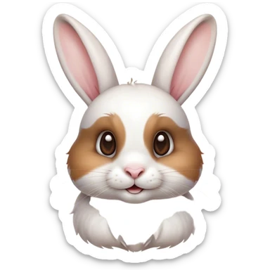 Cinematic Cute White and Brown Rabbit Portrait Emoji, Head tilted playfully and inquisitively, featuring a silky fur with a delicate mix of white and brown patches, round, sparkling eyes filled with curiosity, Simplified yet irresistibly adorable features, highly detailed, glowing with a warm, friendly glow, high shine, affectionate and lively, stylized with a touch of whimsy, bright and endearing, soft glowing outline, capturing the essence of a mischievous yet loving bunny, so playful it feels like it could hop out of the screen and into your arms! sticker