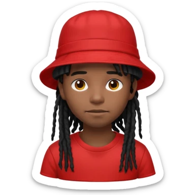 dark brown skin, black hair dreadlocks, wear red t-shirt, black bucket hat sticker