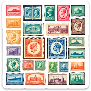 Icon for Stamp Collecting: a collection of vintage and colorful stamps arranged in an album or on a desk, with a large stamp block in the center showcasing different themes. The icon should reflect the charm and history of philately. Transparent background. sticker