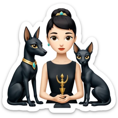 Kindly mannered real Audrey Hepburn cleopatra Protecting silky black-haired tiny statuette scale feral Anubis and pyramid scenery stone-age cracked irregular dwelling  sticker