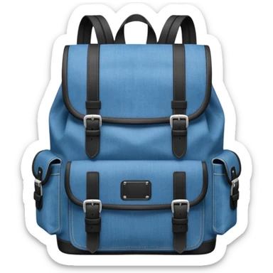 An emoji-style blue denim backpack with a flap top. Two short black buckle straps are attached only at the top flap, do  not extending to the bottom. The front is clean with no pockets or extended straps. The backpack has two side pockets. 


 sticker