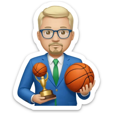 Full Body white fat male  wearing glasses with a goatee with light blonde gray very short hair basketball head Coach in blue and green suit holding trophy sticker