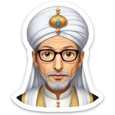 Jeff Goldblum no glasses as a regal portrait dressed as suleiman-the-magnificent,-depicted-as-a-regal-ottoman-sultan-adorned-with-a-large,-white,-round,-tall-turban-and-a-majestic-grey-beard,-his-commanding-gaze-bathed-in-warm,-historic-lighting-that-exudes-time with a large long beard **no glasses** sticker