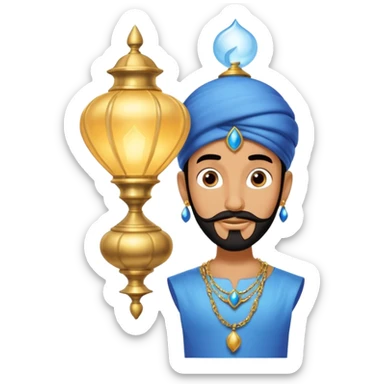 Blue genie with a black goatee and gold bracelets coming out of a lamp from Disney’s Aladdin  sticker