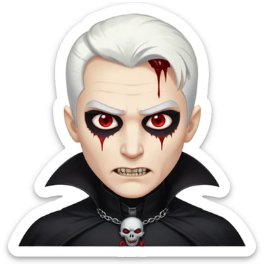 Creat a young man Vampire with white skin and white hair "make him have slide back hair" and full black vampire clothes and bloody eyes and long fangs and scary dead eyes and silver logo on his neck sticker