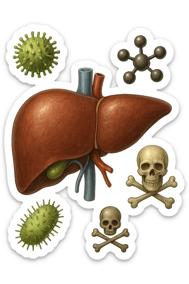 fegato umano anatomico con tossine che gli fluttuano intorno sticker