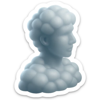 person looking straight, composed entirely of white fluffy convex clouds, shoulders up, matte glass style sticker