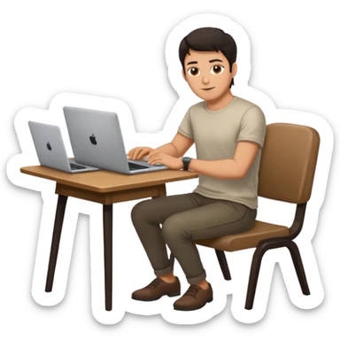 Rich man working setting on a chair in shirt, dark hair, and near the table with laptop he is german very beautiful looks like sticker