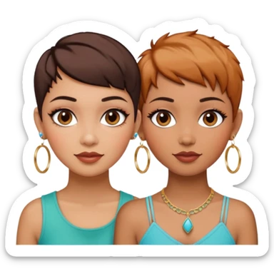 Puerto Rican fair skin straight brown pixie cut hair with hoop earrings make up and my best friend caramel colored pixie cut with jewelry and makeup on her face besties side-by-side sticker