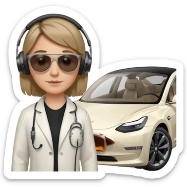 White tesla model 3 with a cool physician with dark blond hair, beats and sunglasses next to it sticker