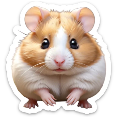 Cinematic Cute Brown and White Banded Hamster Portrait Emoji, Head tilted playfully and inquisitively, showcasing a fluffy coat with playful brown and white banded patterns, round, sparkling dark eyes filled with curiosity, Simplified yet irresistibly adorable features, highly detailed, glowing with a warm, friendly glow, high shine, affectionate and lively, stylized with a touch of whimsy, bright and endearing, soft glowing outline, capturing the essence of a mischievous yet loving hamster, so playful it feels like it could dash out of the screen and into your arms! sticker