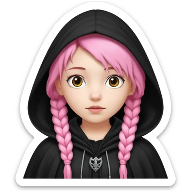 pink braids hair kid girl, white skin, wear black cloak sticker