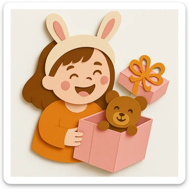 Change the gift box and its cover to pastel pink color, and make the bear's face look visually smiley and happy. Keep all other design elements unchanged sticker