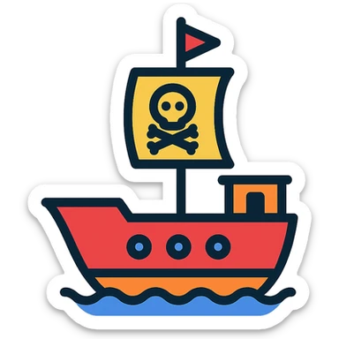 pirate ship, color outline icon style, black outlines with subtle color accents sticker