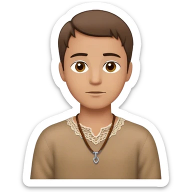 medieval outfit worn by a DnD themed fantasy character. basic wool tunic with a laced neckline and a simple leather cord necklace. clothes only above the waist. The clothes full waist. The character's haven't arms. character is straight brown hair hazel eyes short hair tan-skinned man. sticker