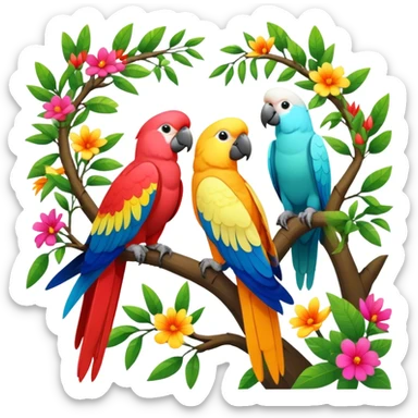 Close-up collage of vibrant Ara parrots and Inca cockatoos sitting on tree branches, surrounded by lush greenery. Bright colors of the birds stand out against a natural, sunny background of trees and flowers. Transparent background. sticker
