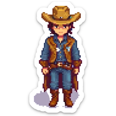 heartbroken cowboy, pixel art style, sad face, classic western outfit, cowboy hat and boots sticker