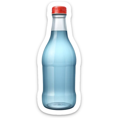 A 3D Apple-style empty soda bottle emoji, classic transparent glass with a narrow neck, no liquid inside, shiny reflective surface, light highlights on the glass, simple round body with a small cap, clean minimal background. sticker