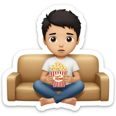 generate a pretty tan bratz boy with black messy hair eating popcorn and watching tv, wearing white tshirt sticker