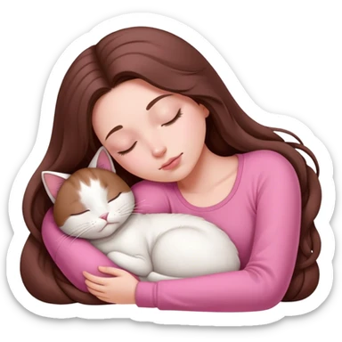 A pretty white girl with very long brown hair and pink clothing sleeping curled up to a white cat  sticker