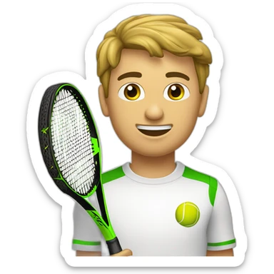 Ragazzo riccio con occhi verdi con maglietta gialla gioca stanco con una racchetta da tennis sticker