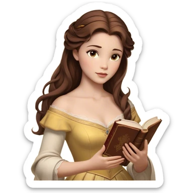 Cinematic Realistic Belle Portrait, depicted with lifelike skin texture, soft natural lighting, and intricately detailed brown hair styled elegantly. Her deep, expressive eyes exude warmth and intelligence, complemented by a serene and graceful expression. She gently holds a book in one hand, her other hand resting at her side, radiating an aura of beauty and intellect. She is dressed in her classic yellow ball gown, the fabric rich in texture with delicate folds that catch the light beautifully. The portrait features a soft, enchanting glow with a natural, radiant finish, capturing the essence of timeless beauty in a realistic and painterly style, evoking a sense of depth and authenticity. sticker