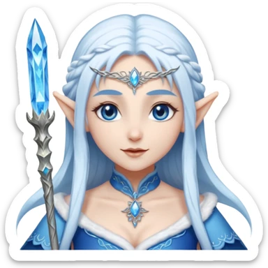 Legendary fantasy Christmas elf portrait icon, Santa Claus and Snow Maiden inspired, ancient winter spirit style, long flowing white-blue hair, glowing frost eyes, crystal staff, elegant elven features, divine winter magic aura, icy silver color palette, highly detailed but clean emoji icon sticker