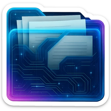 Add visible paper or documents inside the folder without changing the design, style, or perspective of the cyberpunk folder. Keep the glowing neon blue and pink edges, circuit patterns, and transparent background exactly as they are. Only add paper or documents so they look like they are inside the folder, maintaining the cyberpunk style and neon glow effect. sticker
