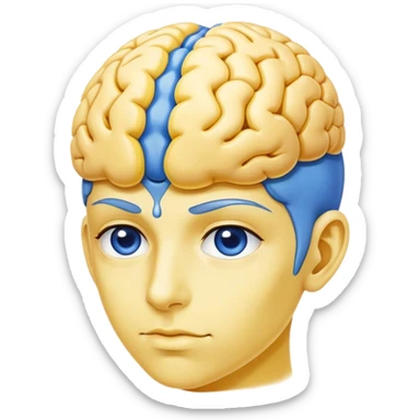 An adult person face emoji, skin is emoji yellow, with blue brain instead of hair sticker
