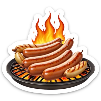 Cinematic Realistic Sausage Sizzle Dish Emoji, featuring sizzling sausages cooking over an open flame rendered with dynamic textures and warm, smoky lighting. sticker